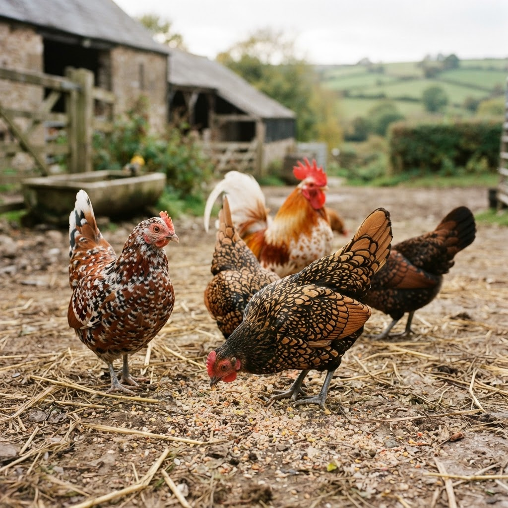 Small colourful bantam chickens in a farm yard