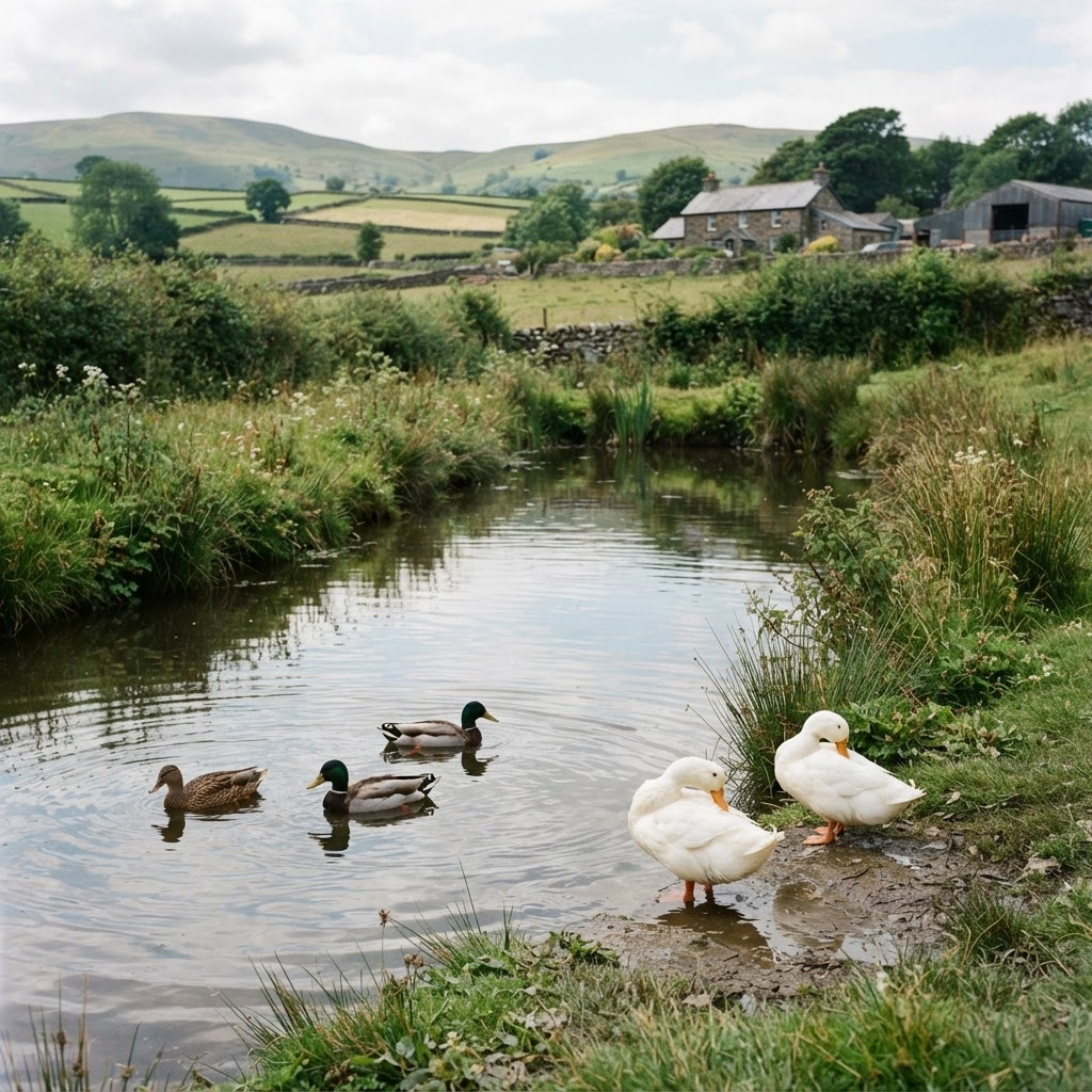 Domestic and mallard ducks beside a pond on a rural farm