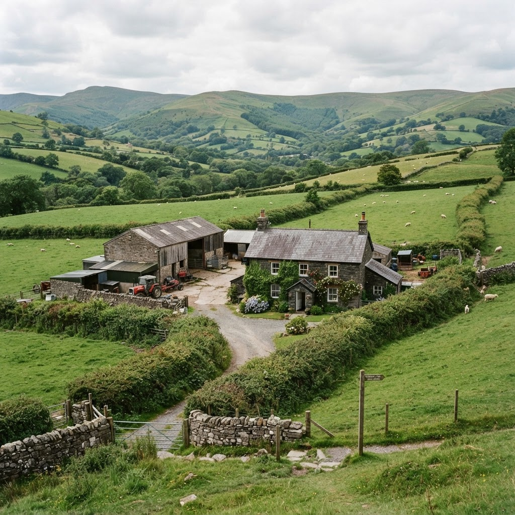 Traditional Welsh stone farmhouse and buildings surrounded by green fields in Montgomeryshire
