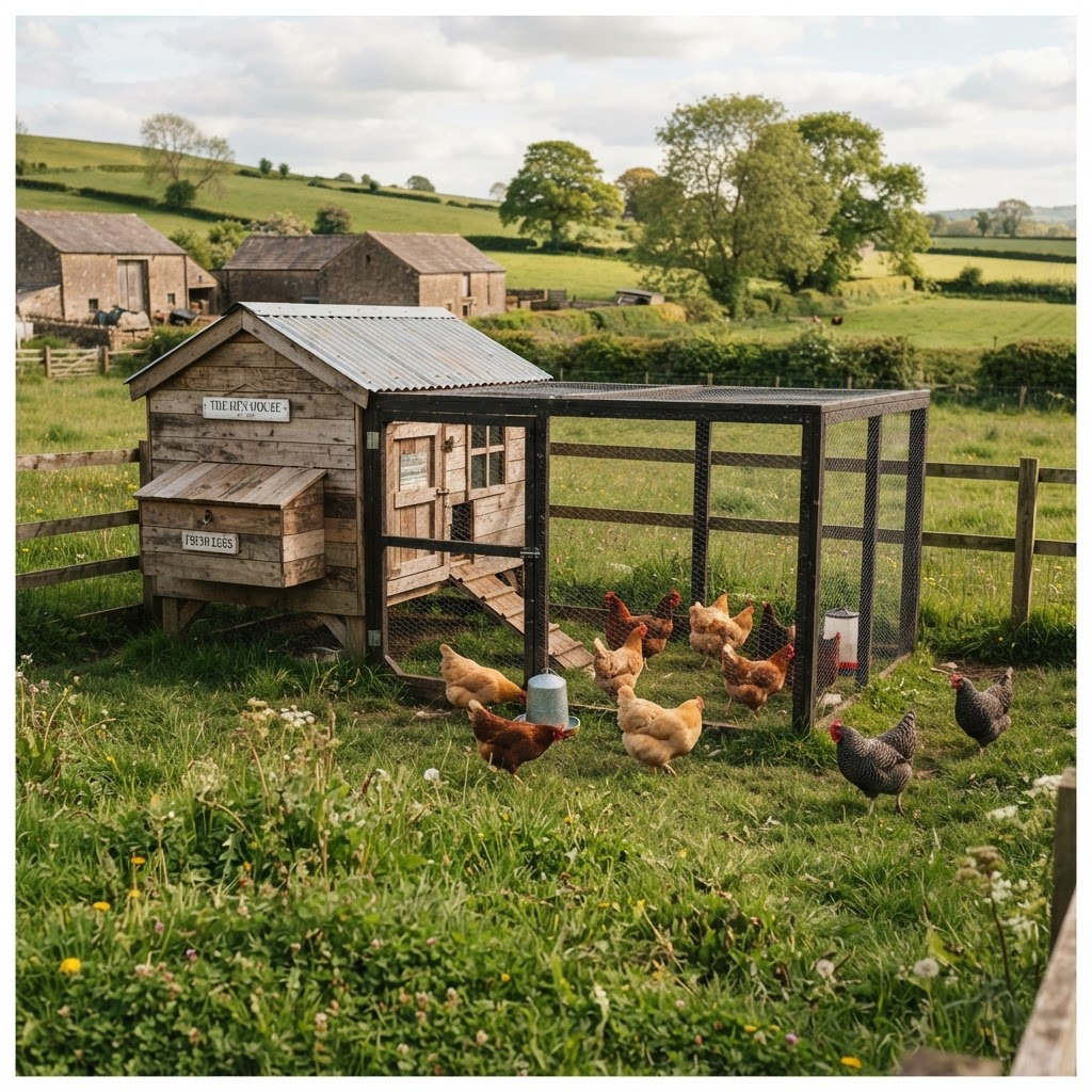 Rustic wooden chicken coop and run in a grassy farm enclosure
