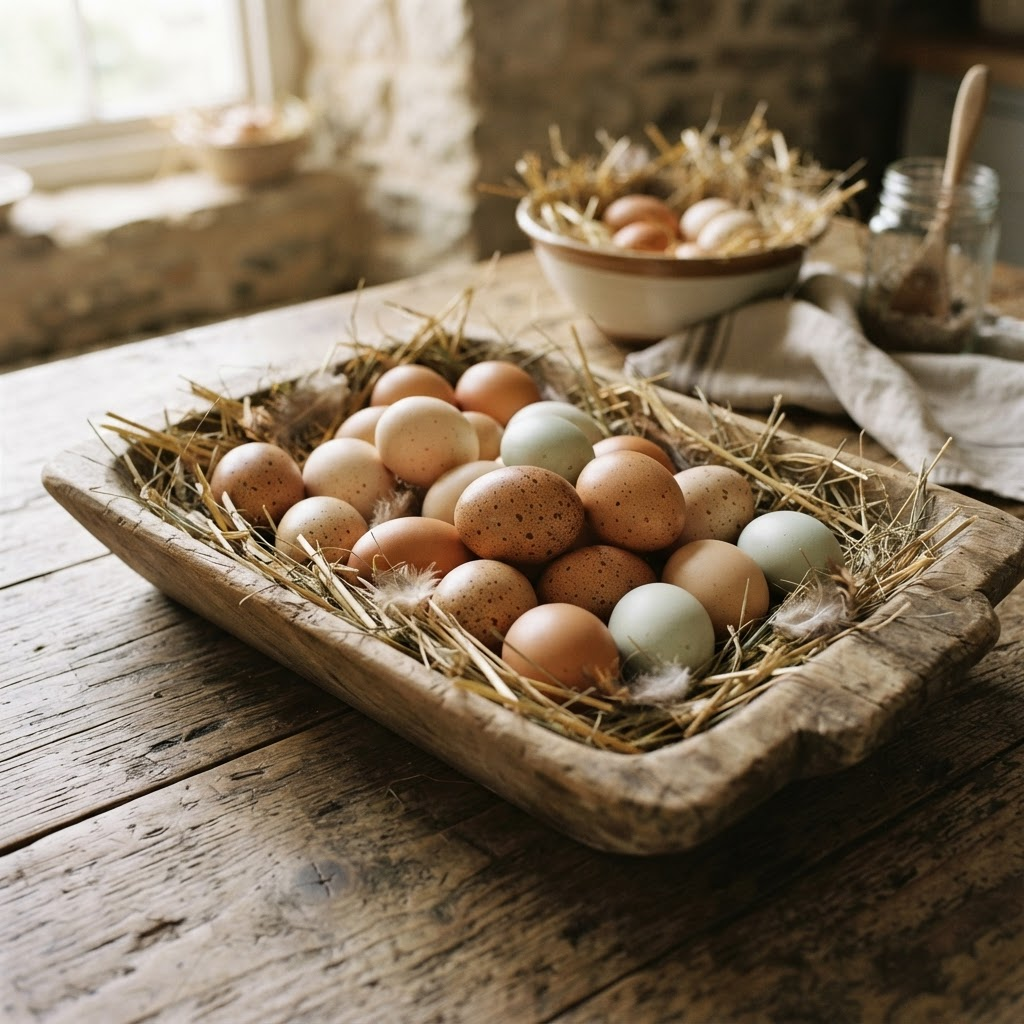 Wooden tray of fresh free-range brown and speckled eggs