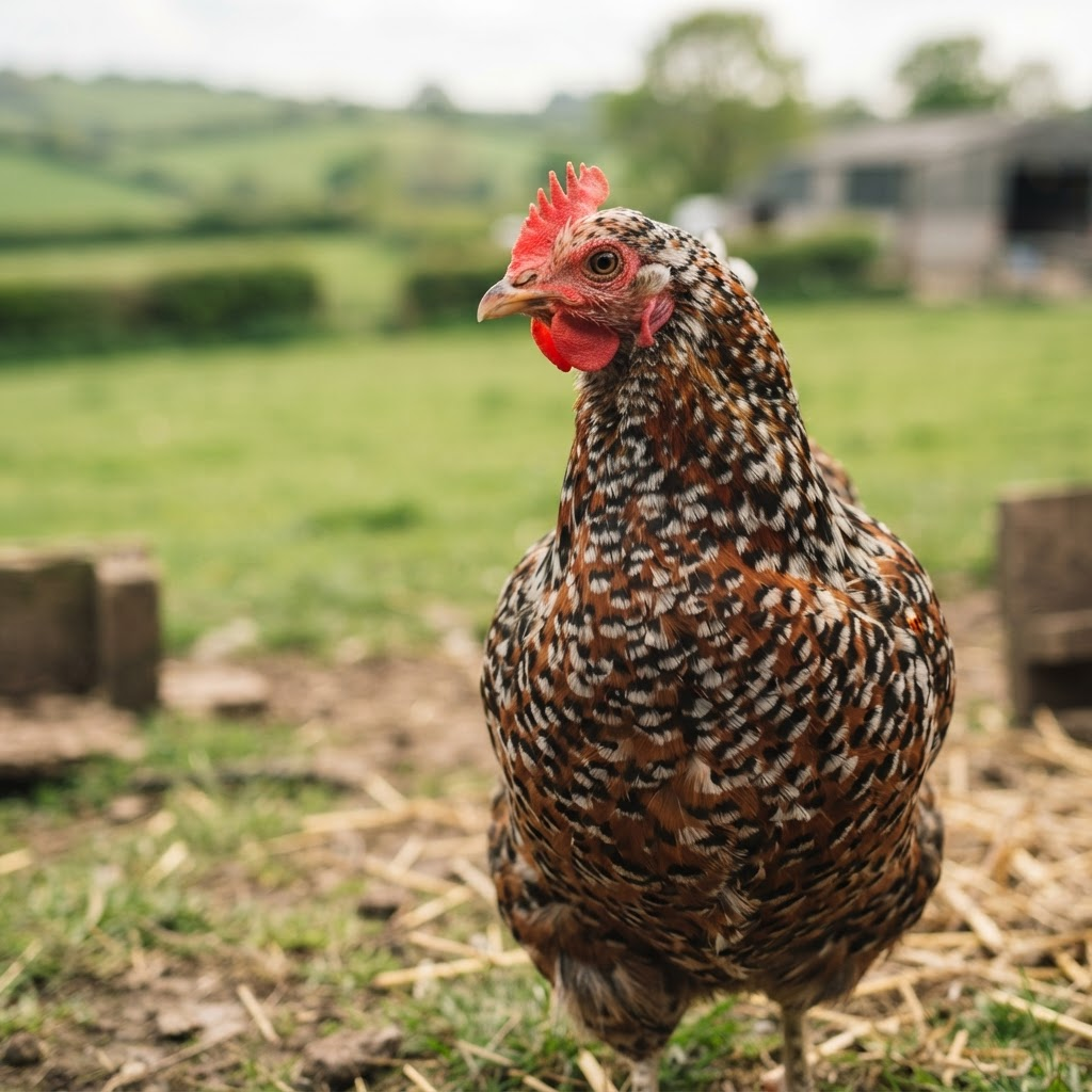 Close-up of a healthy speckled hen in soft natural light