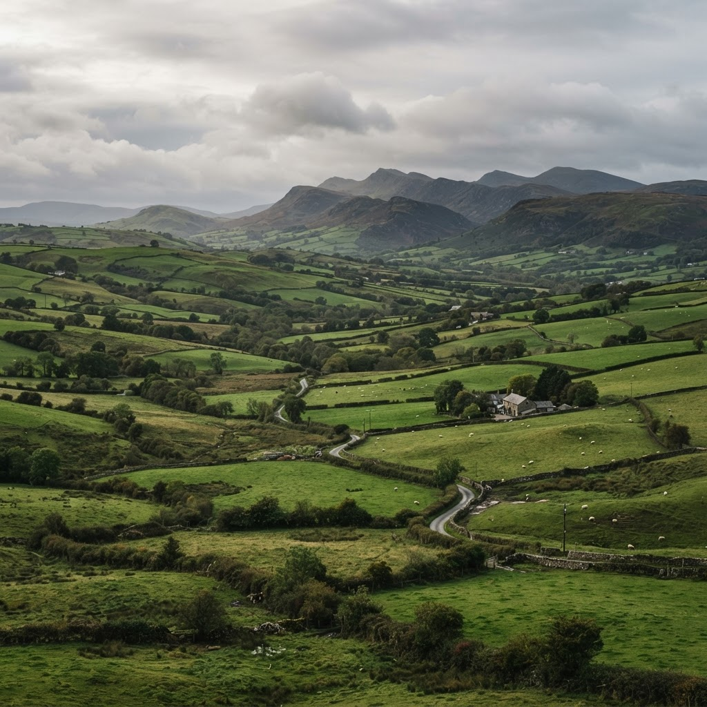 Rolling green Welsh countryside with fields and hedgerows in Mid Wales