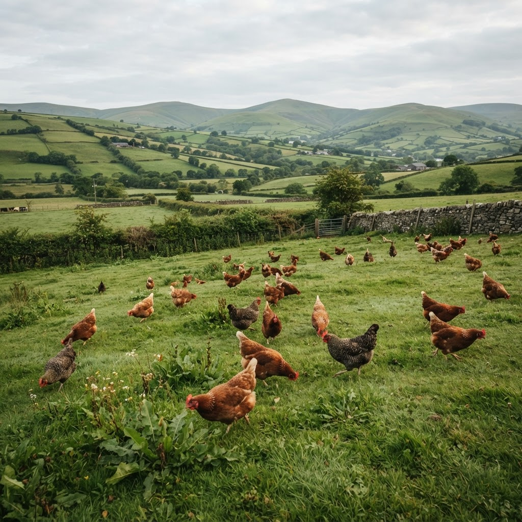 Free-range hens roaming green pasture in the rolling countryside of Mid Wales