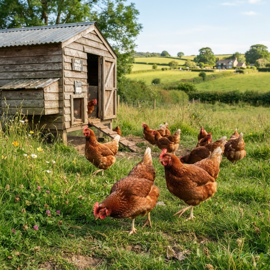 Healthy brown laying hens beside a wooden hen house on a farm
