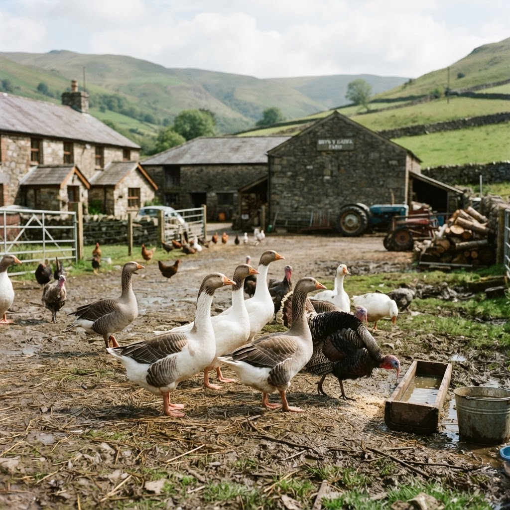 Geese and turkeys on a rural farm yard